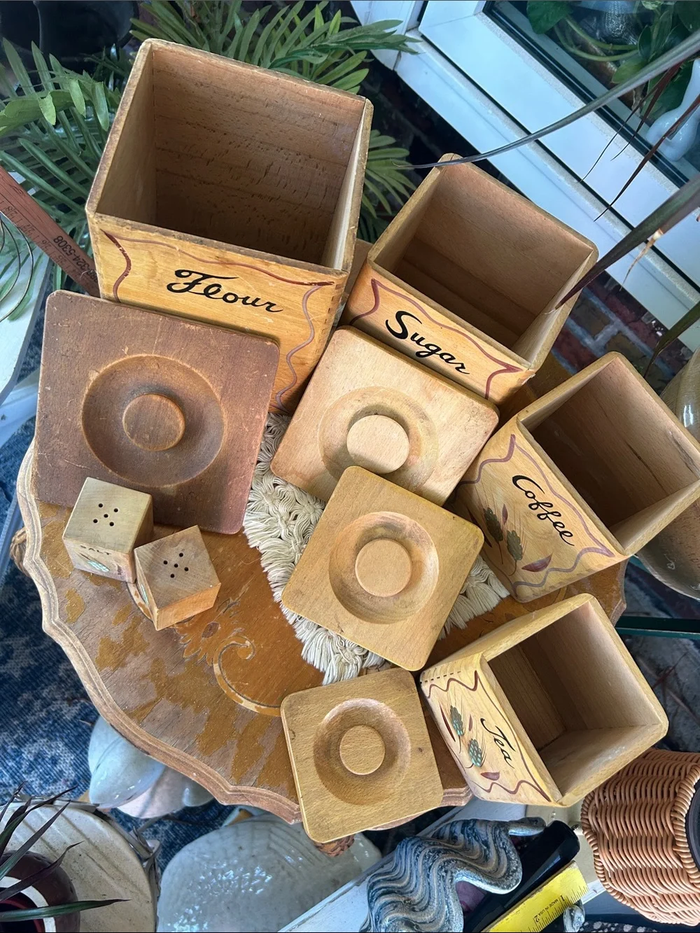 Vintage Wooden Canister Set with Salt & Pepper Shakers